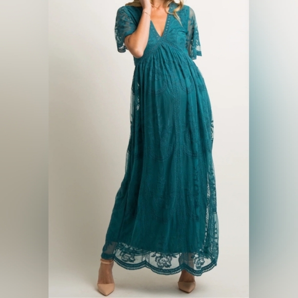 Pinkblush Dresses & Skirts - Pink Blush Maternity Teal Lace Mesh Overlay Maternity Maxi Dress 2XL
